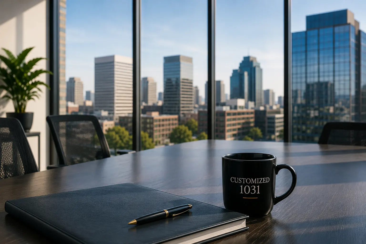 Commercial real estate office overlooking a city skyline